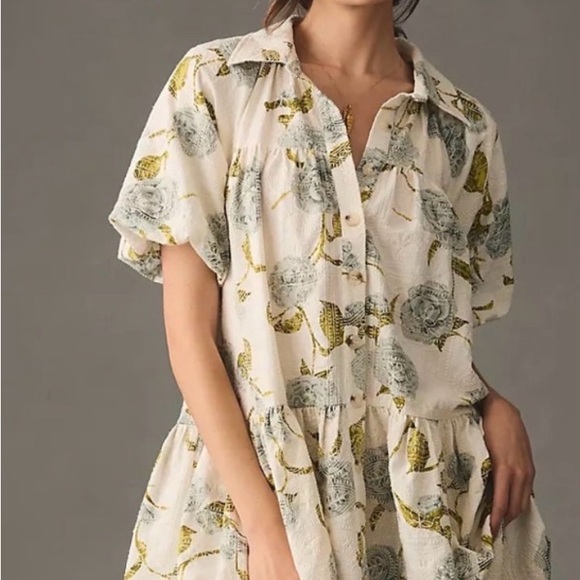 En Saison Dresses & Skirts - En Saison Cream Dress with Green and Blue Floral Accents